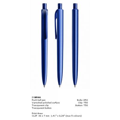 Image of Prodir DS8 Pens Varnished Polished Finish, New Prodir DS8 PAA in blue printed with your brand, logo, or design