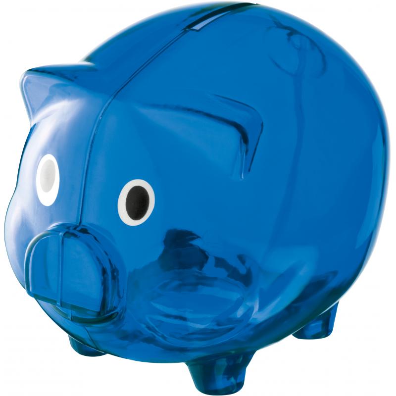 Image of Blue Transparent promotional piggy bank branded with your logo