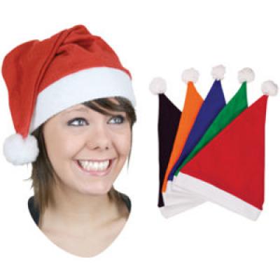 Image of Printed Santa Hats in Red Blue Green Orange and Black.
