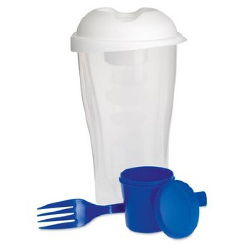 Image of Promotional Salad Shaker. Printed Salad Shaker With Fork And Dressing Container.Blue.  Healthy Summer Meal On The Go.