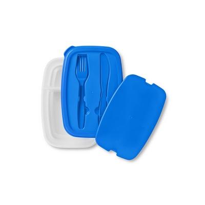 Image of Promotional Lunch Box. Printed Two Compartment Lunch Box And Cutlery Set. Blue
