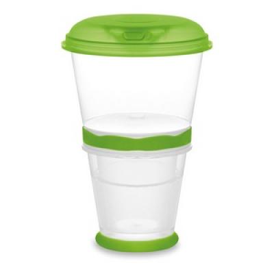 Image of Promotional Yoghurt Cup.Printed Yoghurt Cup With two Compartments, Cooling Element And Spoon. Green.