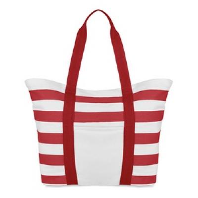 Image of Branded Summer Fully Lined Beach Bag With Stripes. Printed White And Red Summer Beach Bag.