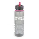 Image of Promotional Resaca Water Bottle. Printed Translucent Black Water Bottle With A Pink Rim And Mouthpiece 