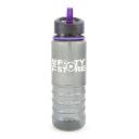 Image of Promotional Resaca Water Bottle. Printed Translucent Black Water Bottle With A Purple Rim And Mouthpiece 