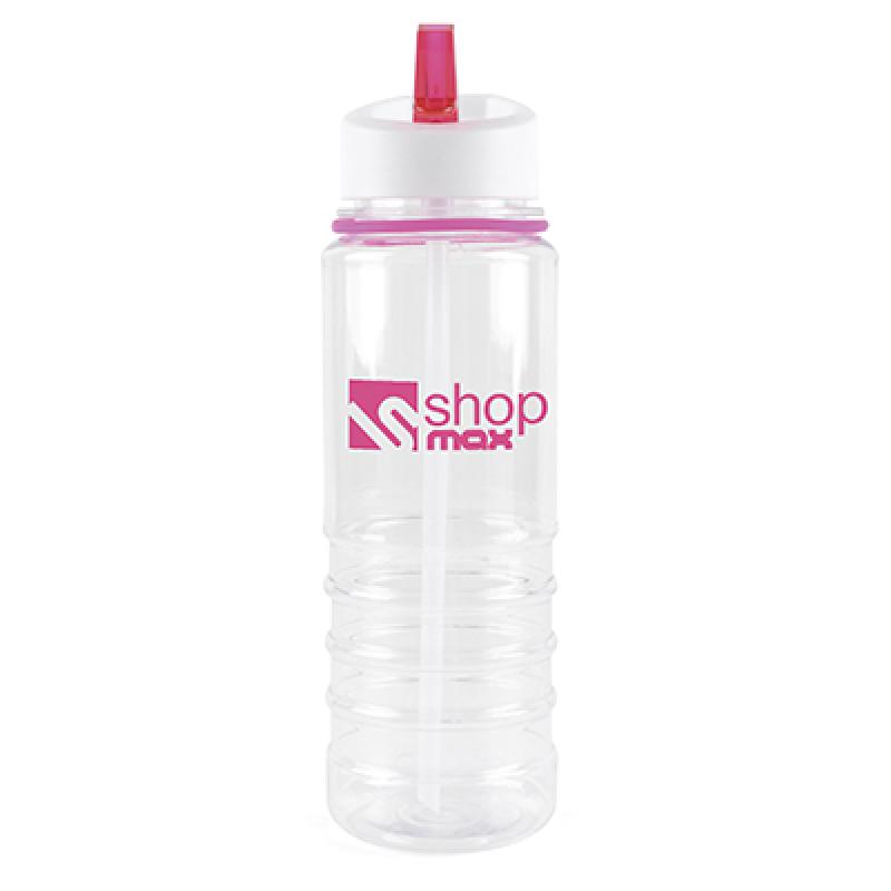 Image of Promotional Bowe Water Bottle. Printed Translucent Sports Bottle With A Pink Rim And Mouthpiece.Express Service Available.