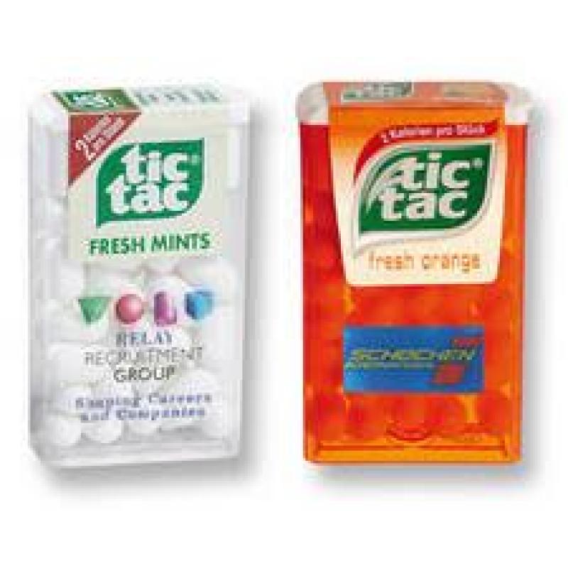 Image of Promotional Tic Tac. Printed Tic Tac Sweets In Flip Top Box. Available in Classic Mint Or Refreshing Orange.