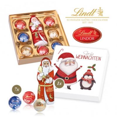 Image of Promotional Christmas Lindt Chocolate Gift Box. Printed Gift Box Containing Lindt Chocolate Santa And Wrapped Balls