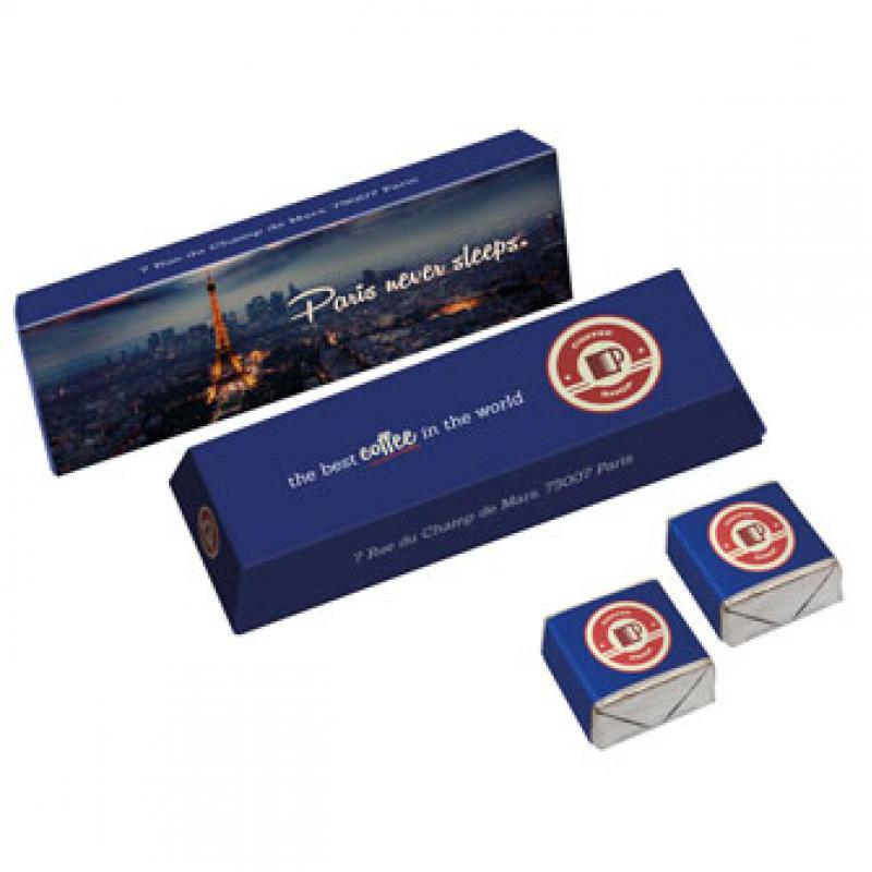 Image of Bespoke mini box of chocolate cubes. Promotional box containing 3 personalised Christmas Chocolates