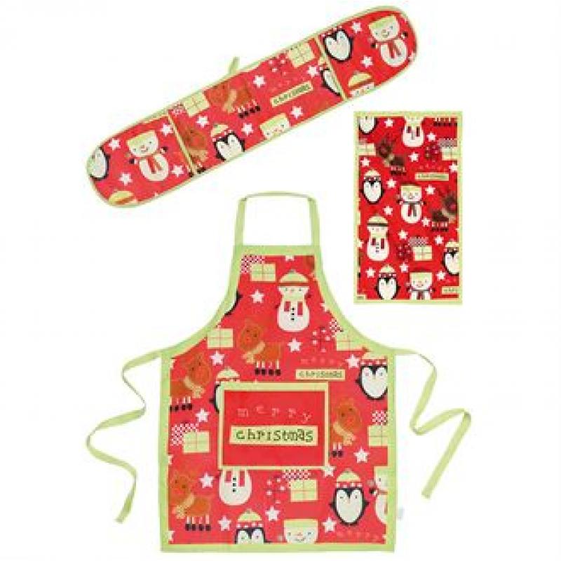 Image of Printed Kids Apron Kitchen Set. Promotional Christmas Apron, Oven Glove And Towel Set. 