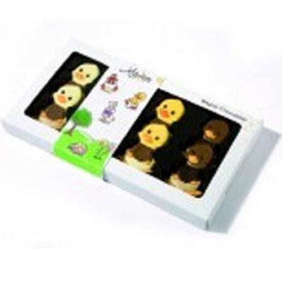 Image of Printed Gift Box Containing Belgian Chocolate Easter Ducks. 