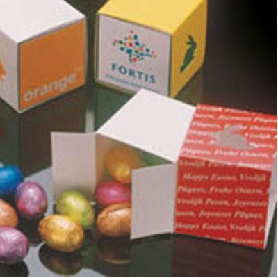 Image of Printed Cube Box Filled With Foiled Wrapped Mini Easter Chocolate Eggs.