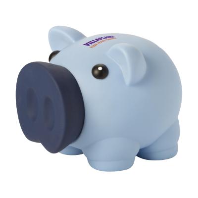 Image of Promotional plastic piggy bank. Blue. 