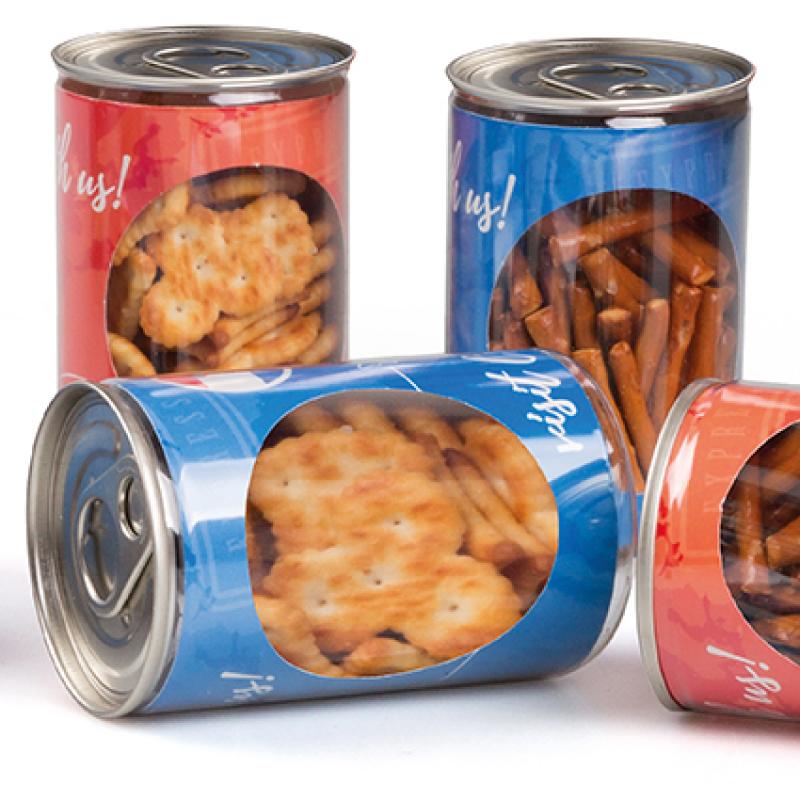 Image of Promotional Pull Up ring Container With Pretzels, Mini Bread Sticks Or Crackers. 