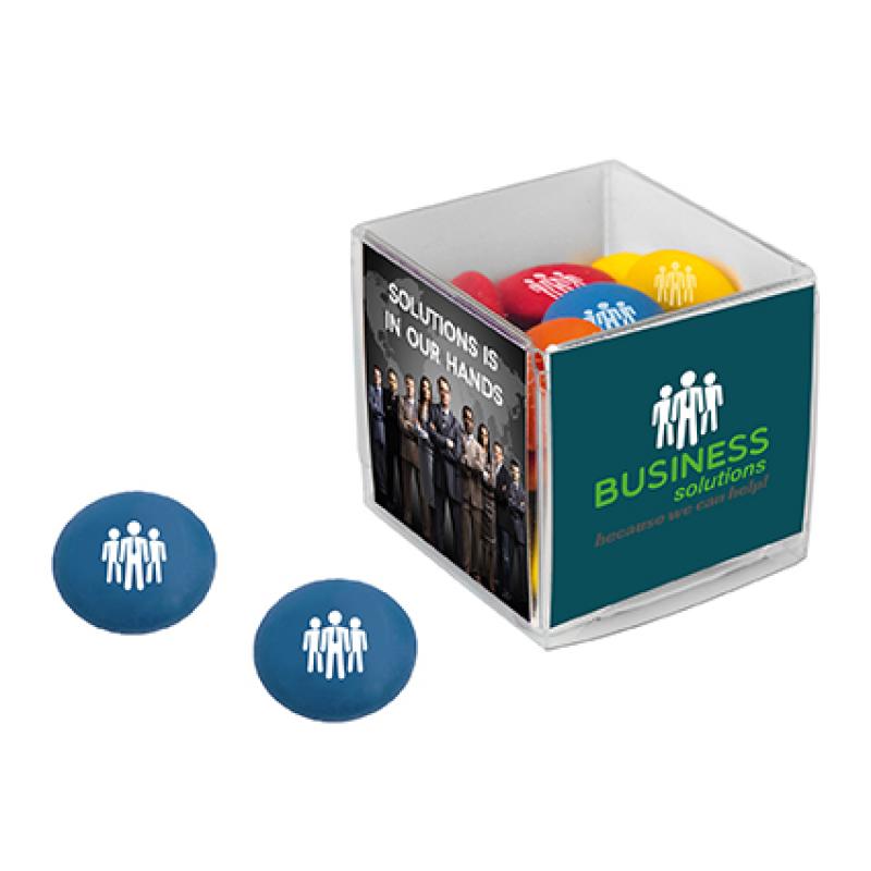 Image of Full Colour Printed Cube Box With Branded Chocolate Lentils
