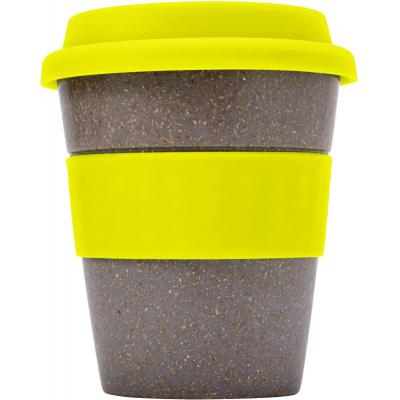 Image of Promotional Bamboo Reusable Coffee Cup With Yellow Band and Lid. 350ml