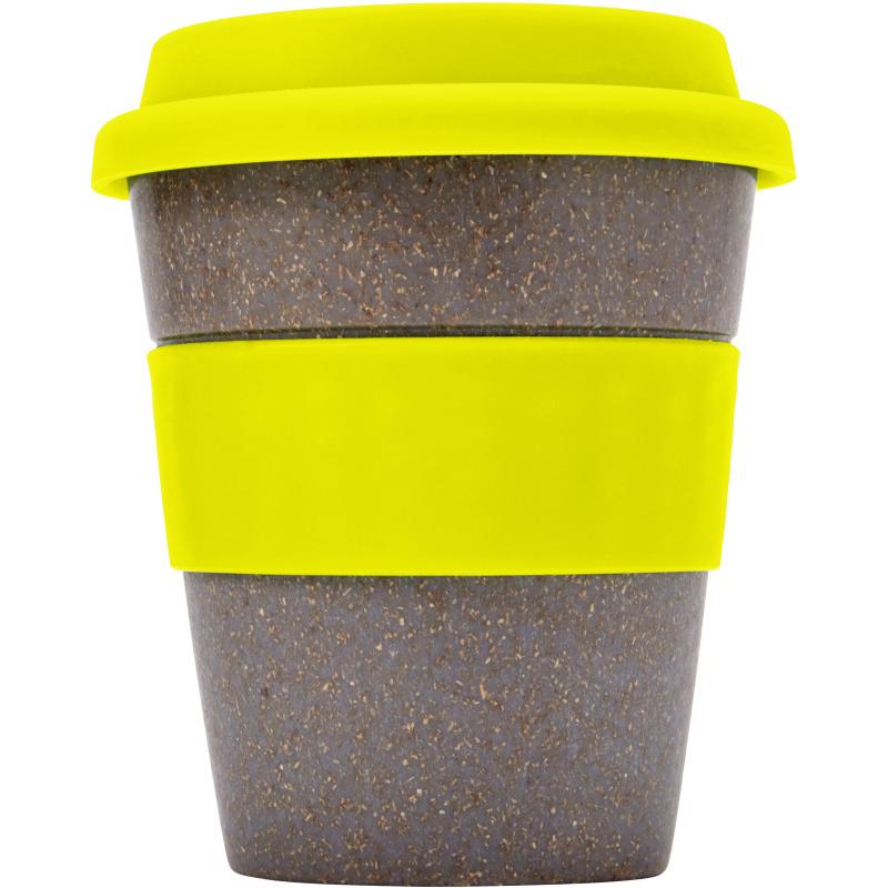 Image of Promotional Bamboo Reusable Coffee Cup With Yellow Band and Lid. 350ml