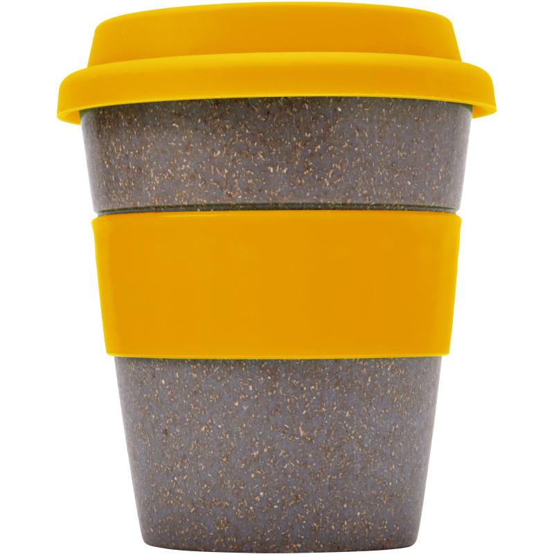 Image of Promotional Bamboo Reusable Coffee Cup With Orange Band and Lid 350ml