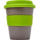 Image of Printed Bamboo Reusable Coffee Cup With Lime Green Band and Lid. 350ml