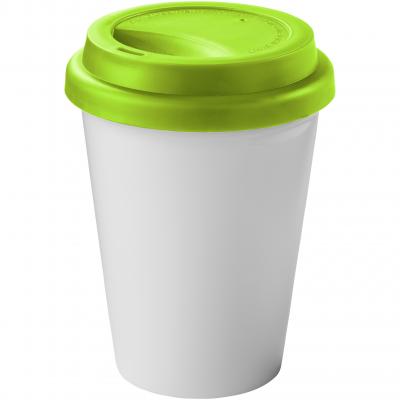 Image of Branded Zamzam reusable coffee mug in white with lime green lid 330ml