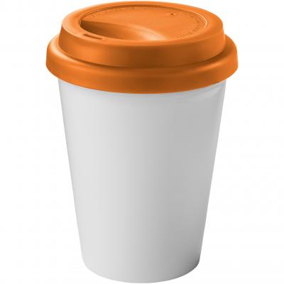 Image of Printed Zamzam reusable coffee mug in white with orange lid 330ml