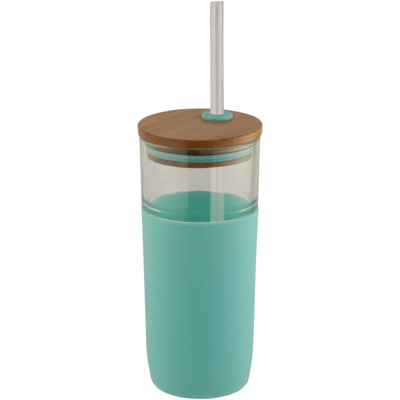 Image of Branded  Arlo Glass Tumbler With Mint Green Grip And Bamboo Lid