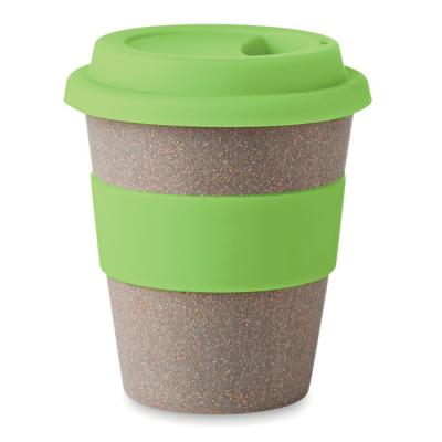 Image of Promotional Bamboo Reusable Coffee Cup With Lime Green Band and Lid 330 ml