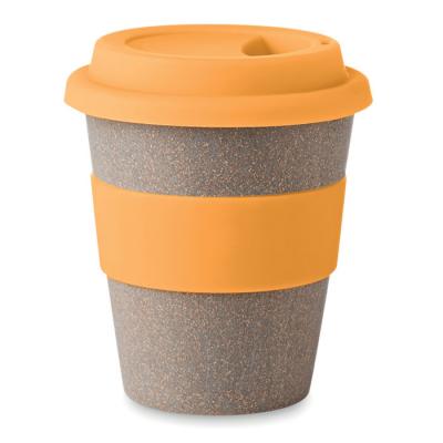 Image of Printed Bamboo Reusable Coffee Cup With Orange Band and Lid 330ml