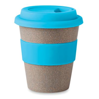 Image of Promotional Bamboo Reusable Coffee Cup With Turquoise Blue Band and Lid 330ml