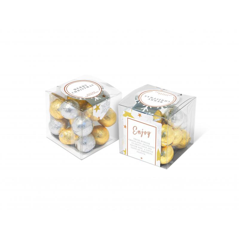 Image of Promotional Christmas Gift Cube Filled With Gold and Silver Foiled Chocolate Balls