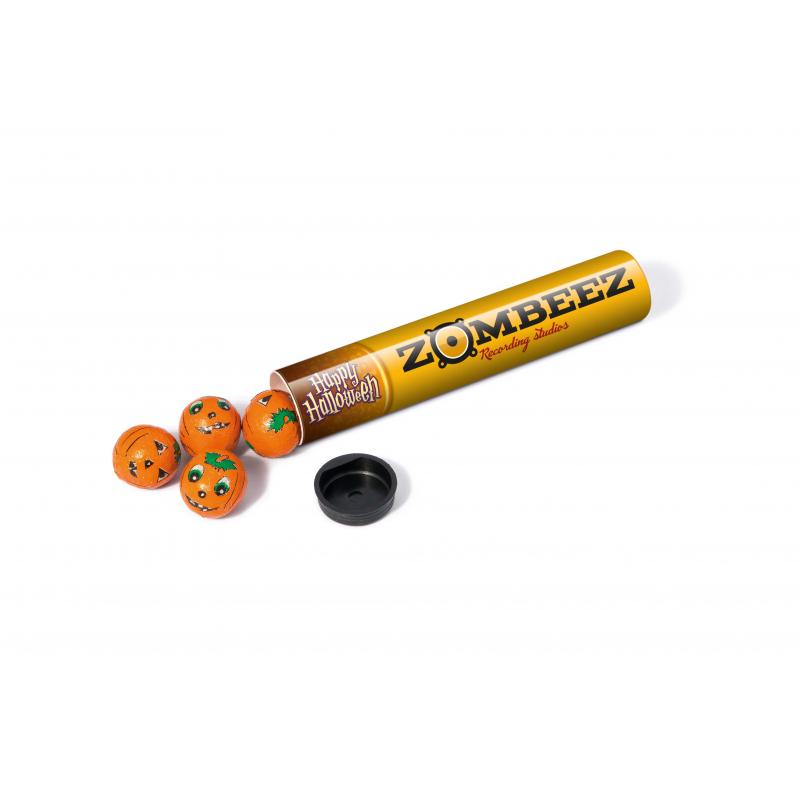 Image of Promotional Halloween Gift Tube Filled With Pumpkin Themed Wrapped Chocolate balls