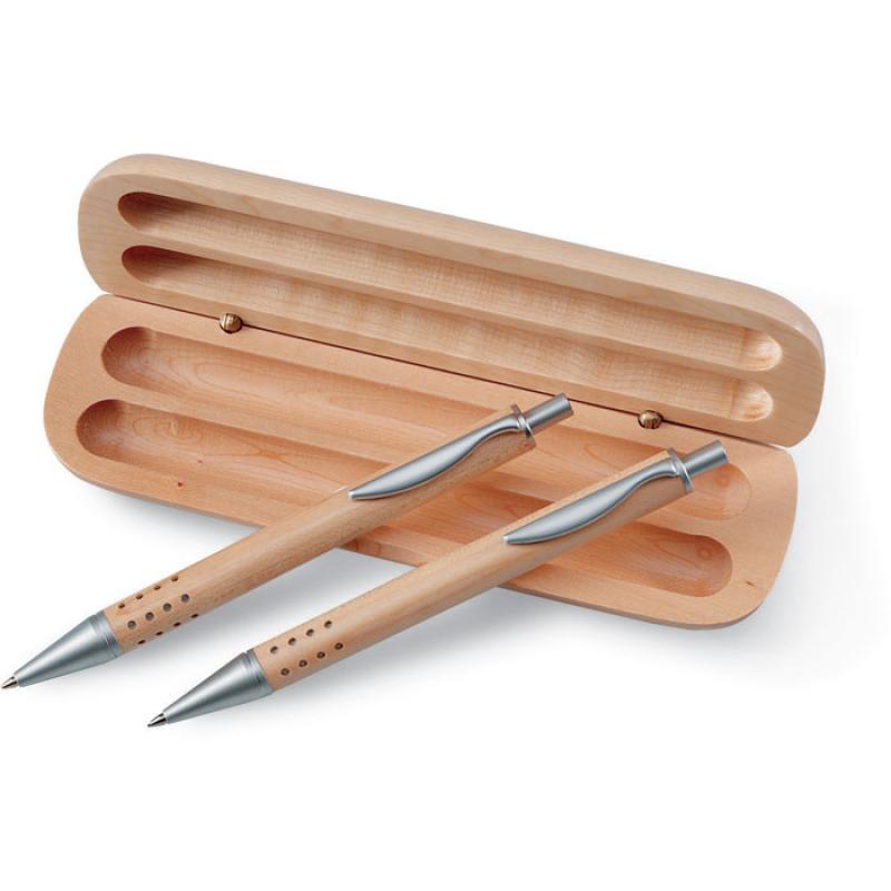 Image of Personalised Eco Wooden Pen And Pencil Set In Wood Gift Box