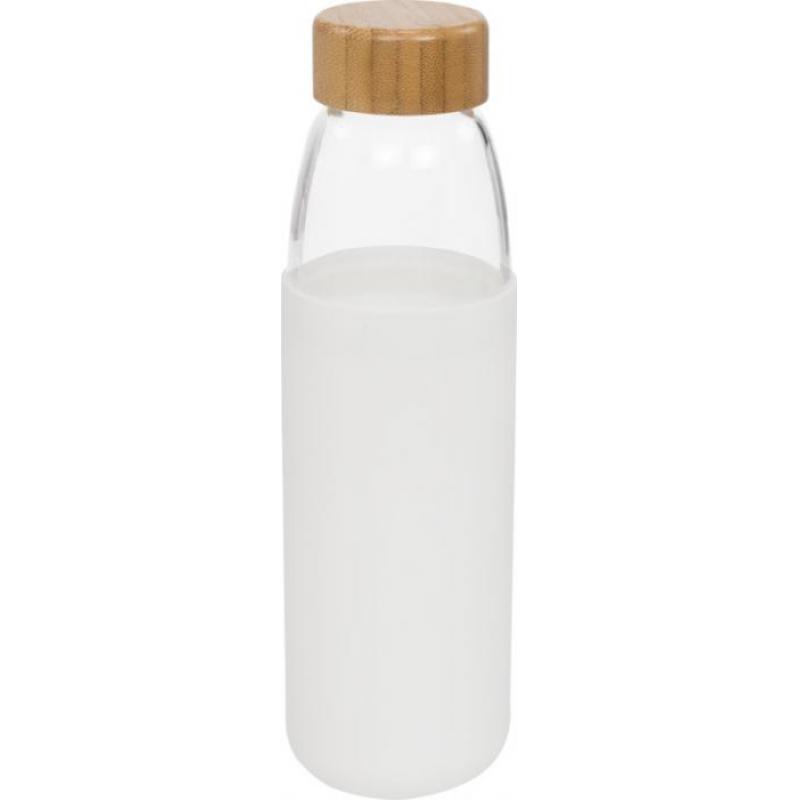 Image of Branded Kai Glass Sports Bottle With Bamboo Lid And Protective Sleeve White
