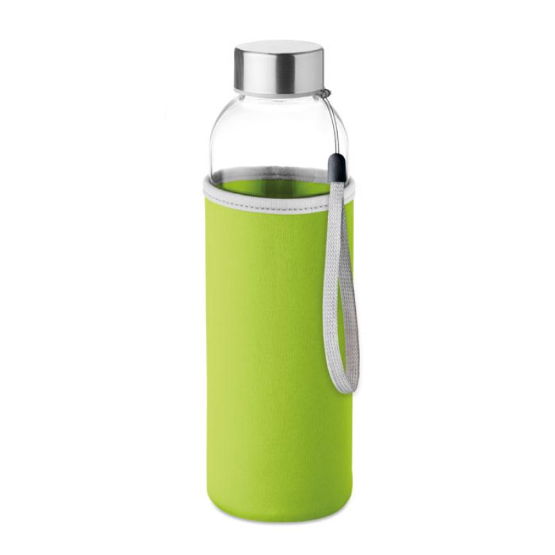 Image of Promotional Glass Bottle With Lime Green Soft Touch Pouch 500ml