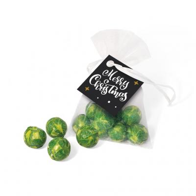 Image of Promotional Organza Gift Bag Filled With Christmas Chocolate Sprouts