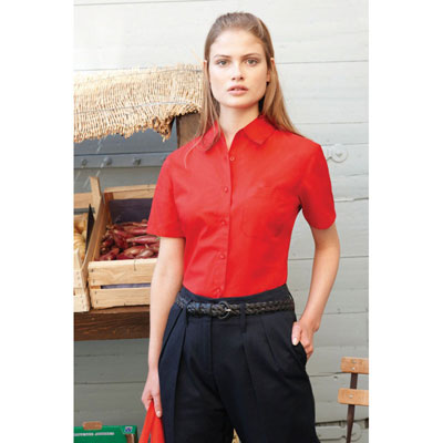 Image of Branded Ladies Shirt - Ladies Short Sleeve Poplin Shirt (Fruit of The Loom) Colours: black, white, red, navy, mid blue