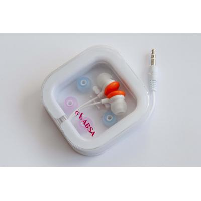 Image of Printed Earphones Presented In A Square Case With Extra Ear Caps