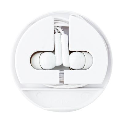 Image of Branded Earphones In Round Case That Doubles As A Mobile/Tablet Holder