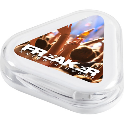 Image of Promotional Earphones Presented In A Triangular Case. Full Colour Print