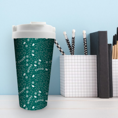 Image of Printed Christmas Reusable Coffee Mug With Lid Green