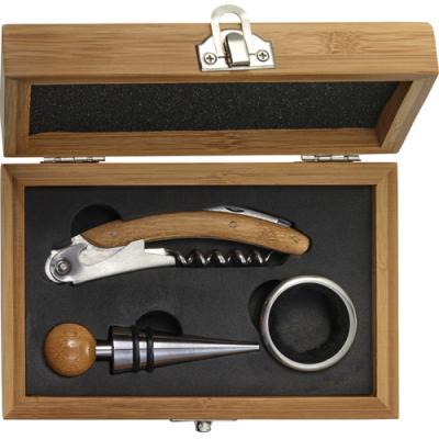 Image of Branded Stainless Steel And Bamboo Wine Set In Gift Box