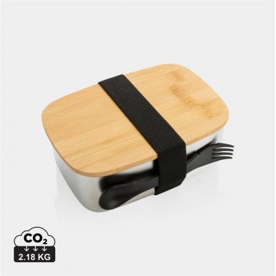 Image of Stainless steel lunchbox with bamboo lid and spork