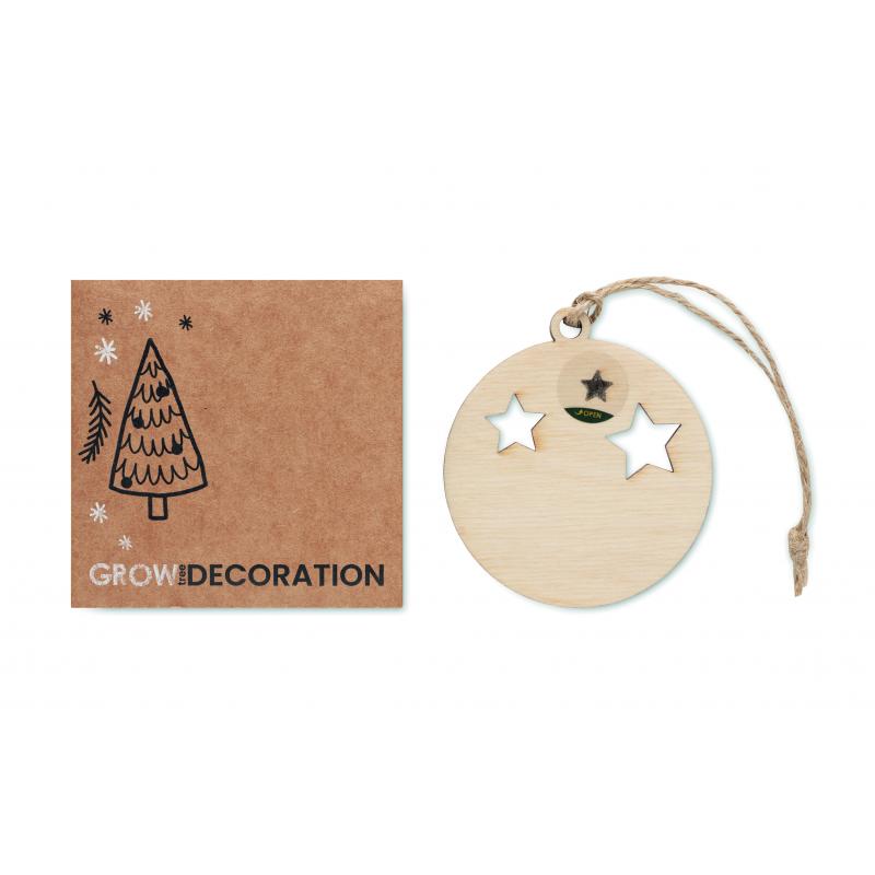 Image of Wooden Bauble with Christmas Tree Seeds In Gift Envelope