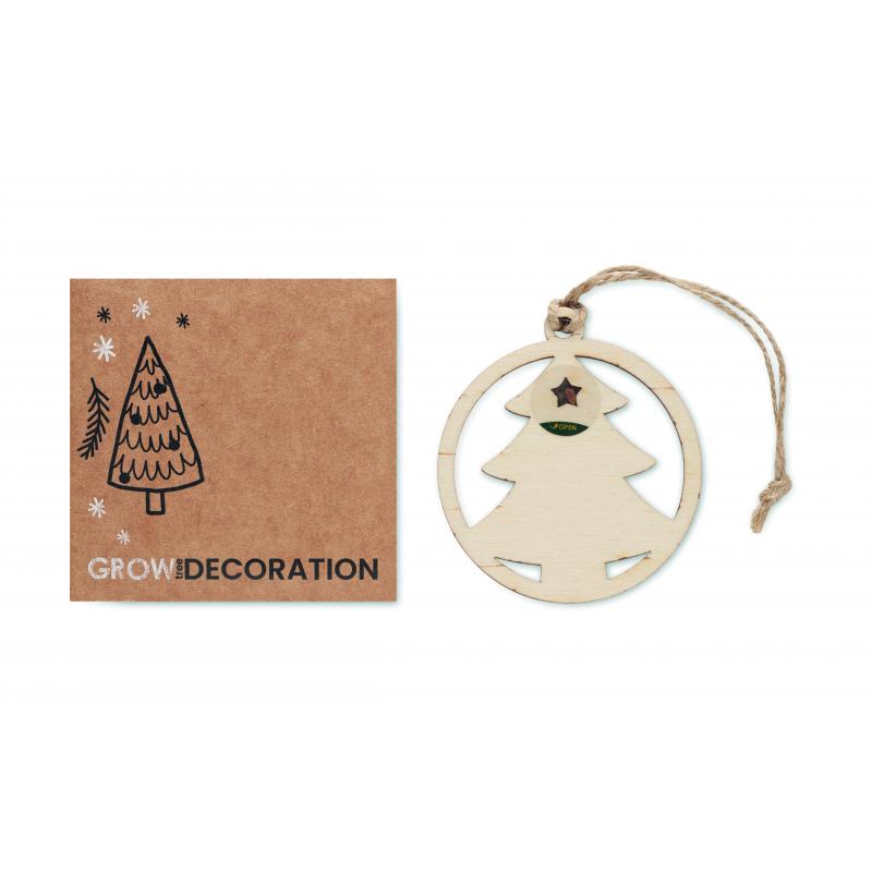 Image of Wooden Christmas Tree Shaped Hanging Decoration with Spruce Seeds