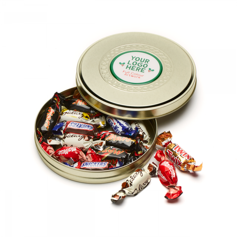 Image of Christmas Shallow Gold Treat Tin with Chocolate Celebrations